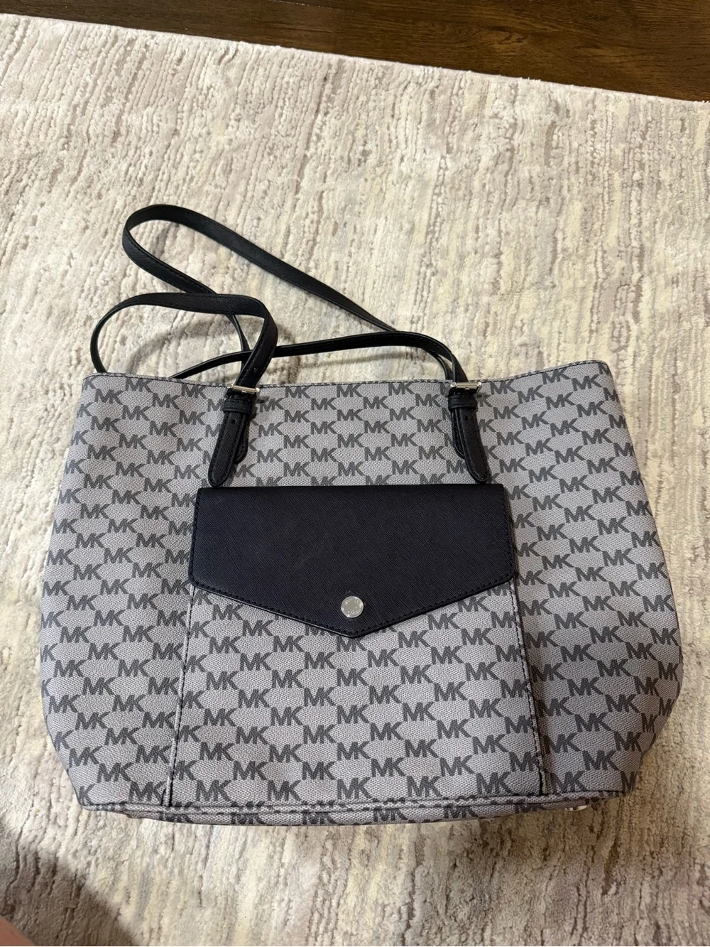 Michael Kors Gray MK Monogram Tote with Black Flap